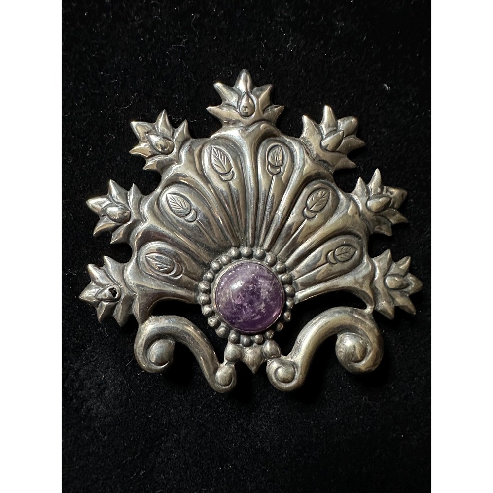 Large Early Mexico Sterling Silver & Amethyst Brooch